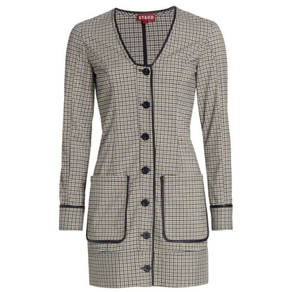 STAUD Fairham Evergreen Plaid Checkered Buttoned Mini Dress